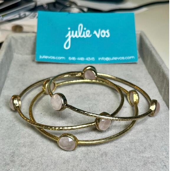 Julie Vos Gold Bangles Set of 3 Rose Quartz Pink Boho Luxe Stackable Bracelets - Picture 5 of 9